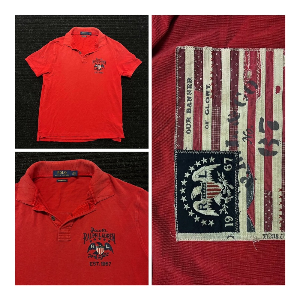 Polo Ralph Lauren Mens Red American Flag Patchwork Custom Slim Fit Polo Shirt LG